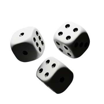 Three transparent resin d6 gaming dice scattering rapidly mid-air, extreme macro shot with harsh rim light on a transparent background, concept of high-risk probability