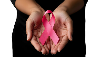 Hands holding pink ribbon supporting breast cancer awareness isolated on transparent background