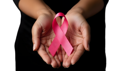 Hands holding pink ribbon supporting breast cancer awareness isolated on transparent background