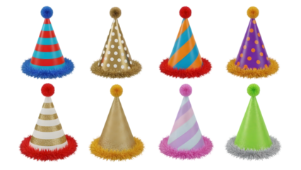 Colorful party hats collection isolated on transparent background