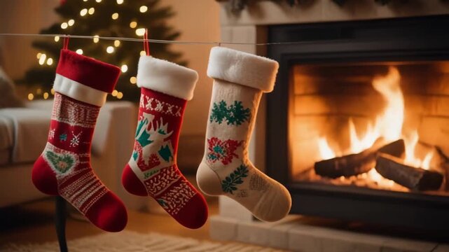 Three Knitted Christmas Stockings Hanging Over a Warm Fireplace with a Lit Christmas Tree in Background