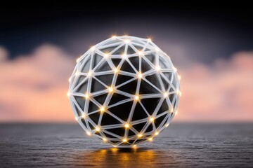 Abstract Digital Sphere With Glowing Network Connections and Golden Orange Sunset Sky Background