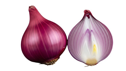 Two red onions halved displaying interior structure isolated on transparent background