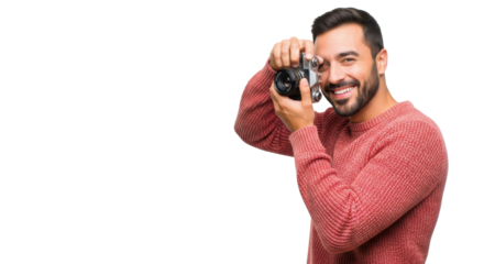 cheerful mid-20s hispanic man in coral sweater taking a photo with a vintage 35mm slr camera, isolated on a bright white high-key studio background. concept of artistic pursuit
