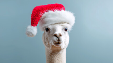 A white llama wearing a Santa hat standing against a soft blue background in a playful Christmas-themed portrait.