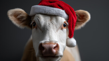 A cow wearing a red Santa hat posed against a dark background creating a humorous Christmas portrait.
