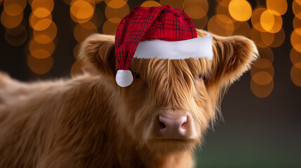 A Highland cow wearing a red Santa hat posing against a dark studio background for a humorous Christmas portrait.
