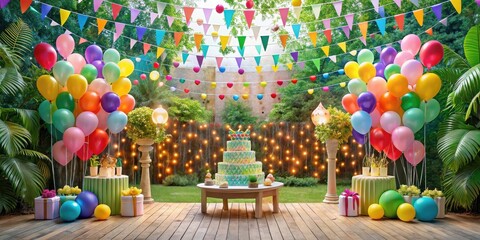 Joyful Outdoor Celebration with Festive Decor and a Multi-Tiered Cake