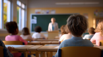 Young students sitting at their desks and listening to a teacher at the front of a bright classroom.
