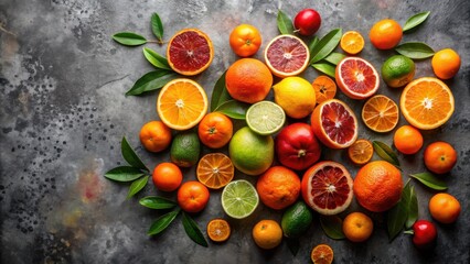 A vibrant collection of citrus fruits and leaves arranged on a dark textured surface