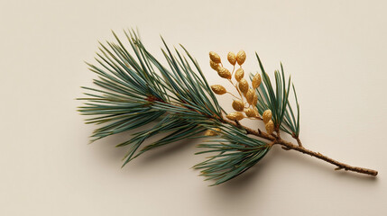 A pine tree branch with green leaves and golden berries
