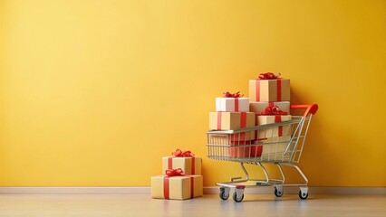 A shopping cart overflowing with festively wrapped presents against a vibrant yellow backdrop