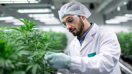 A laboratory scientist wearing protective gear examining cannabis plants in a controlled indoor facility.
