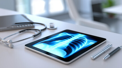 A tablet displaying a chest X-ray lying on a doctor’s desk surrounded by medical tools.
