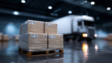 A loaded pallet in front of a delivery truck positioned at a warehouse loading dock in low evening light.
