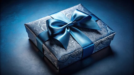 A luxuriously wrapped present, adorned with a satin ribbon, sits elegantly on a deep blue surface.  The gift's exquisite embossed pattern adds to its sophisticated appeal.
