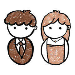 hand-drawn digital sketch of a male and female figure in a simple, cute, and child-like chibi style, representing a couple or pair. The artwork utilizes a textured, crayon-like brush with a monochroma