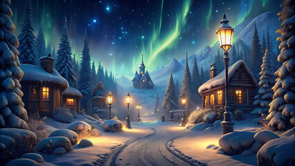 Winter night aurora village