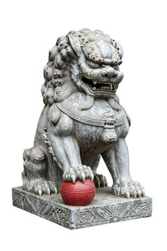 Detailed Stone Foo Dog Statue Holding a Red Ball