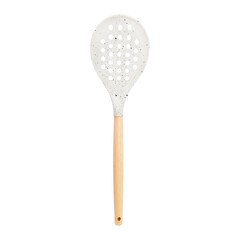 Silicone white kitchen spatula with holes and wooden handle isolated on white background