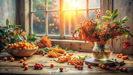Autumnal Still Life Featuring a Rustic Window and Bountiful Harvest of Vibrant Orange Berries and Cherries