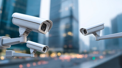 Multiple security cameras mounted in an urban environment with tall modern buildings in the background.