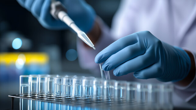 A laboratory worker using a pipette to transfer liquid into test tubes during a scientific procedure.
