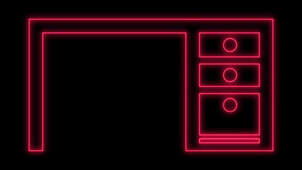 Red neon glowing outline icon of a simple office desk with three drawers, representing workspace furniture, digital business and corporate design isolated on black background
