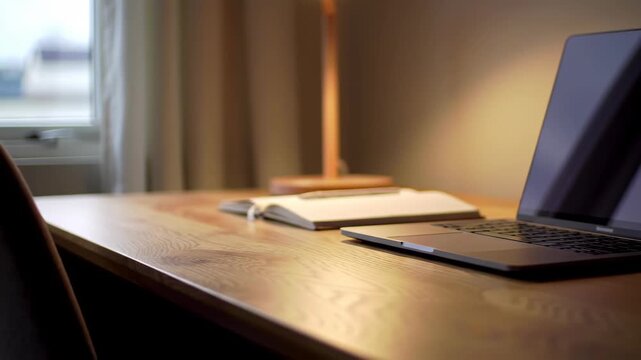 Open portable computer and notebook resting on illuminated wooden desk surface