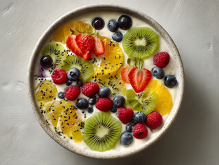 Creamy yogurt bowl fresh fruit kiwi strawberry blueberry raspberry orange chia seed breakfast healthy delight