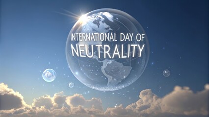 Blue sky background with floating translucent globe conveying global unity and peaceful international vision.