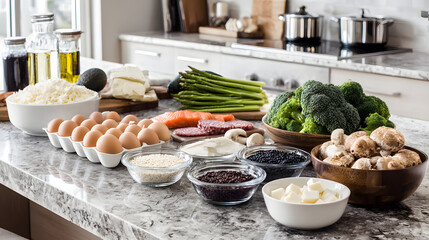 Fresh ingredients for healthy meal prep on marble kitchen counter with eggs, vegetables, grains and cheese
