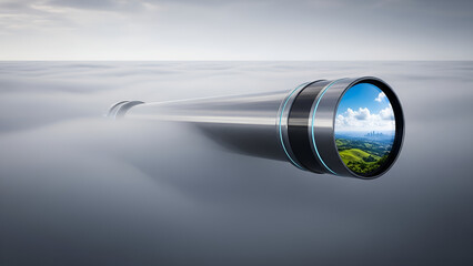 Futuristic telescope seeing a vibrant city beyond the dense layer of fog.