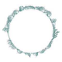 Round frame with chamomile flowers and leaves. Vector round frame with peeking flowers in line art style. Trendy colors used. Botanical illustration.