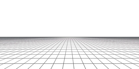 Abstract black and white digital grid plane receding into the distance with a distorted horizon line
