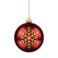 A single glowing red christmas ornament with a golden snowflake design hangs suspended against a stark black background evoking festive holiday spirit and winter wonder
