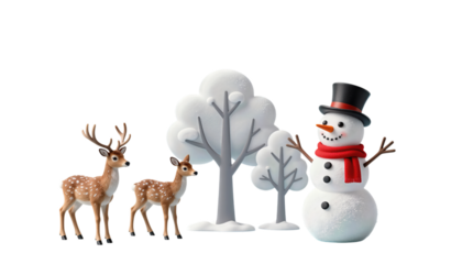 Festive snowman and deer with winter trees illustration
