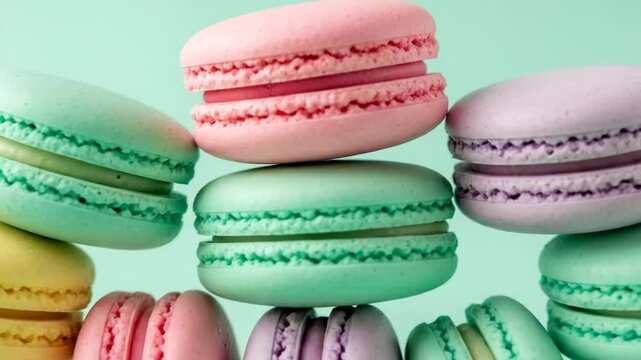 Colorful macarons arranged in creative stacks on pastel background