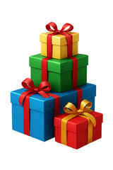A festive stack of colorful gift boxes tied with bright red and gold ribbons presented against a stark black background perfect for celebrations and holiday promotions