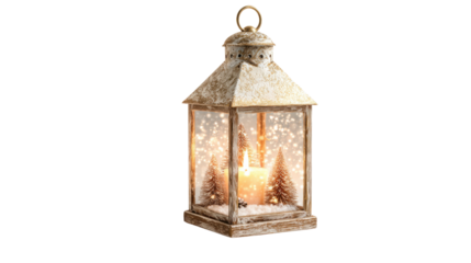 Vintage Christmas lantern with glowing candle and snowy miniature trees creating warm festive holiday atmosphere and magical winter decoration scene on white background.
