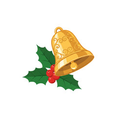 A festive golden christmas bell adorned with vibrant green holly leaves and bright red berries symbolizing the joyous spirit of the holiday season and winter celebrations