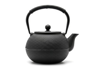 Traditional dark metal kettle with raised surface texture sits isolated against white background