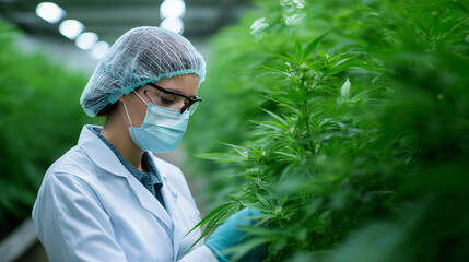 Scientist wearing protective gear inspecting cannabis plants inside a controlled cultivation facility.