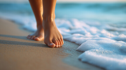 Bare feet walking slowly along the shoreline with gentle waves washing over the sand.
