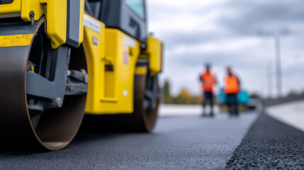 Road roller compacting freshly laid asphalt during road construction work.
