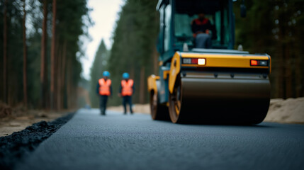 Road roller compacting freshly laid asphalt during road construction work.
