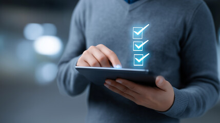 Man operating a digital tablet with glowing checklist icons hovering above it.
