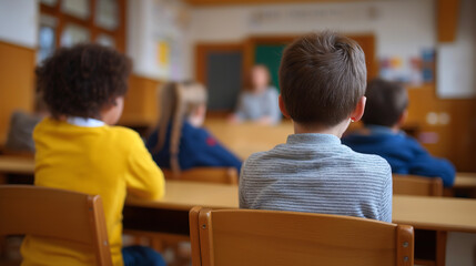 Group of schoolchildren sitting at desks while a teacher stands at the front of the classroom.