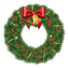 A festive christmas wreath adorned with a bright red bow golden bell pinecones and small ornaments perfect for holiday decorations and winter celebrations