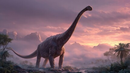 Majestic Dinosaur Portrait at Sunset in a Lush Prehistoric Landscape